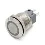 Podsvícený kovový spínač bez aretace (po stisknutí se vrátí do původní pozice, tzv. momentový), pro průměr otvoru 19mm s pracovním napětím 12-24V DC, 110-230V AC.