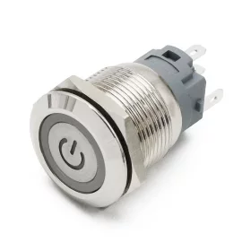 Metal switch with latch, ON/OFF symbol, silver, diameter 21mm, IP67 |