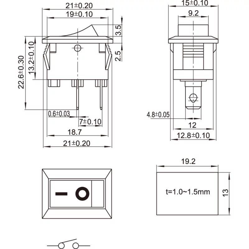 Mini interrupteur à bascule rectangulaire KCD11-101, blanc