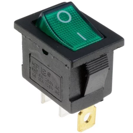 Rectangular rocker switch with backlight, green 250V/6A |